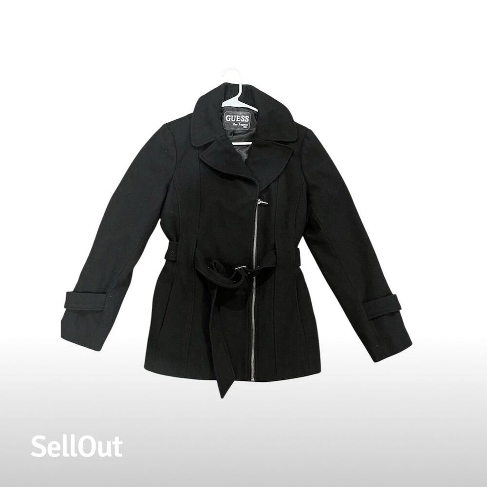 Guess Women's Black Belted Trench Coat Size L Long‎ Sleeve